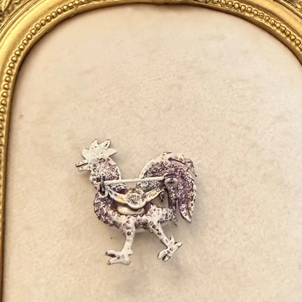 Silver‎ Tone Rooster brooch Faux Pearl Aurora Borealis Crystals Fancy Farmhouse